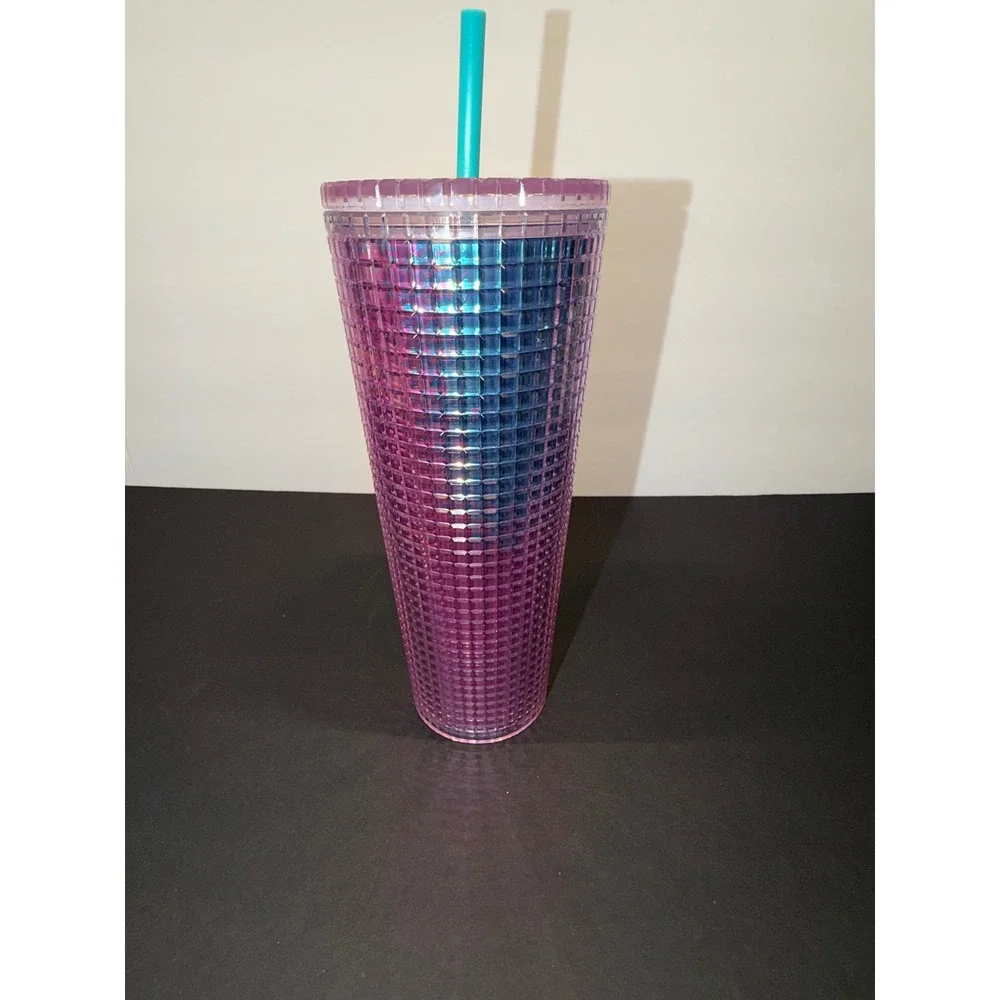 Starbucks Summer Venti‎ 24oz Pink Blue Grid Studded Cold Cup Tumbler Teal Straw